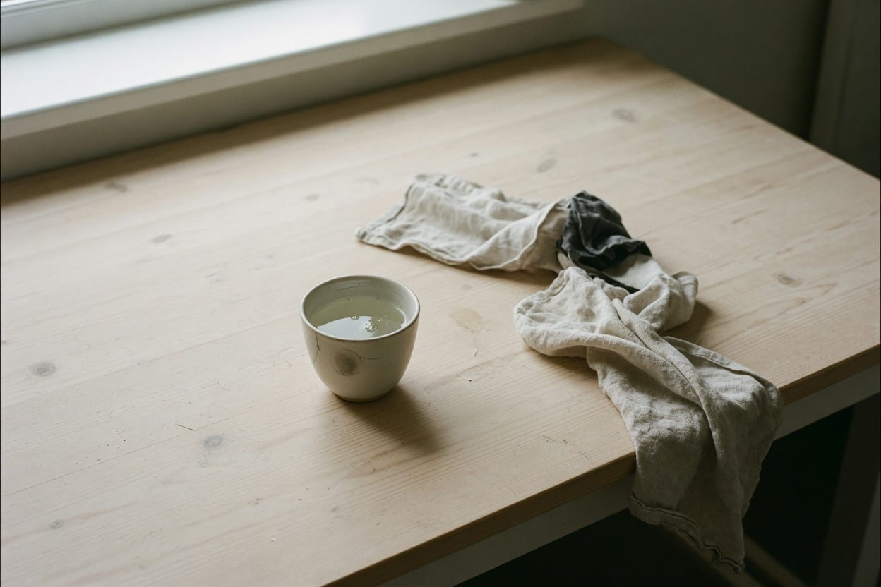 A studio table in quiet light. Editorial house still, not a work for sale.