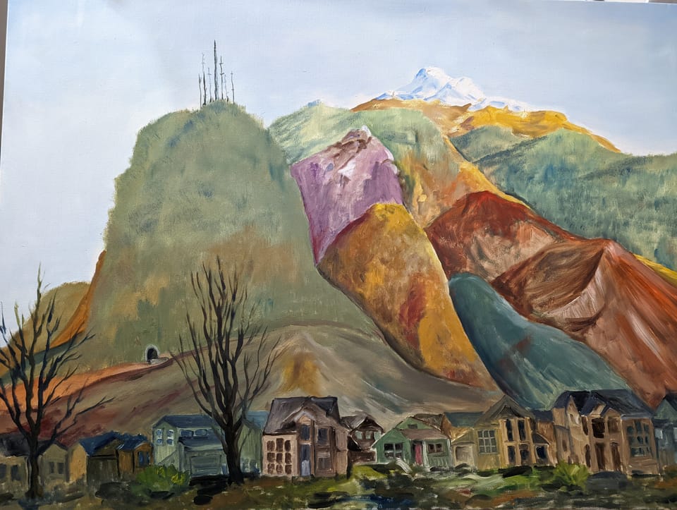 A painting of colored hills, a snow peak, bare trees, and a row of houses.