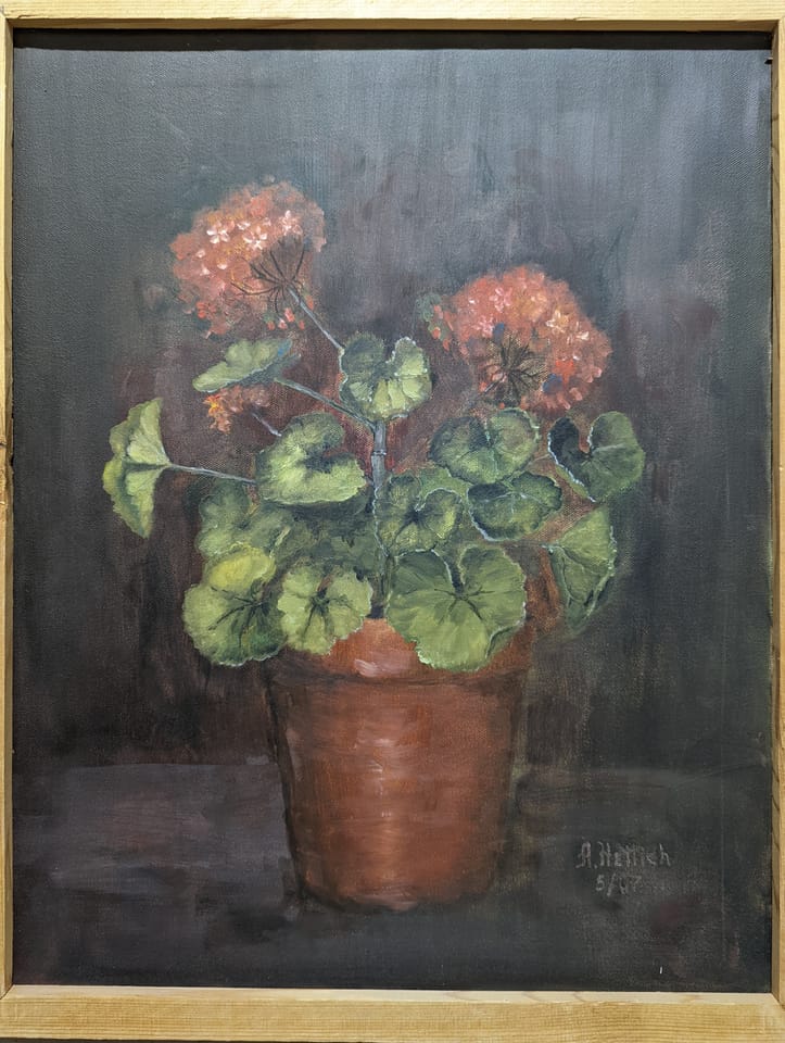 A painting of a geranium with coral bloom in a terracotta pot on a dark ground, signed A. Hettich 5/87.